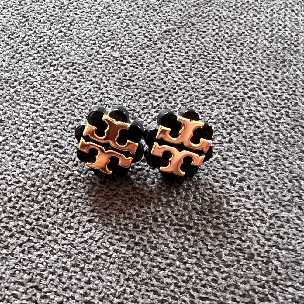 Black and Gold Stud Tory Burch Earrings With Dust Bag